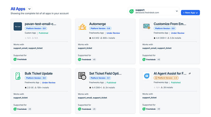 Previous apps listing section containing public and custom apps under all apps